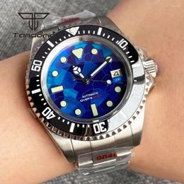 Wristwatches 43mm NH35A Blue Mother Of Pearl Dial Stainless Steel Luminous Automatic Men Watch Sapphire Glass Rotating Bezel Date Screw