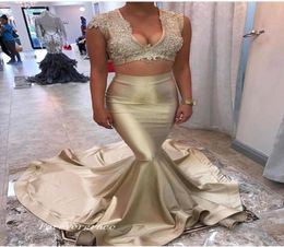 V Neck Champagne Gold Two Piece Mermaid Long Prom Dress Beaded Lace Satin Women Formal Evening Party Gown Custom Made Plus Size7220999