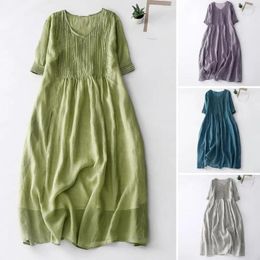 Casual Dresses Summer Dress Elegant V Neck Pleated Midi For Women Retro A-line With Short Sleeves Soft Breathable