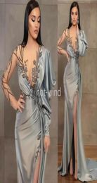 Sexy Silver Sheath Long Sleeves Evening Dresses Wear Illusion Crystal Beading High Side Split Floor Length Party Dress Prom Gowns 4694753