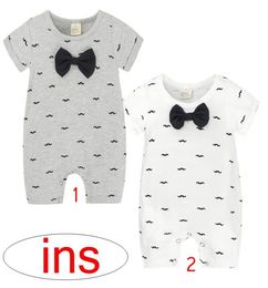 ins summer kids beard full print romper with big bows baby Moustache print jumpsuits Grey white 2color choose 02years sh1699289