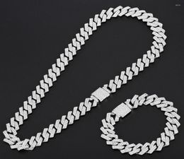 Chains 15mm Miami Prong Cuban Chain Link Silver Colour Necklaces 2 Row Full Iced Out Rhinestones Bracelet Set For Mens Hip Hop2969827