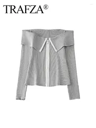 Women's Knits TRAFZA Woman's Casual Chic Sweater Tops Grey Turn-Down Collar Long Sleeves Zipper Cardigan Spring Short Woman 2024 Trendy