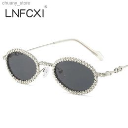 Sunglasses LNFCXI Vintage Full Crystal Anti-blue Light Eyeglasses for Women Alloy Small Oval Rhinestone Shiny Glasses Frame Sunglasses Y240416