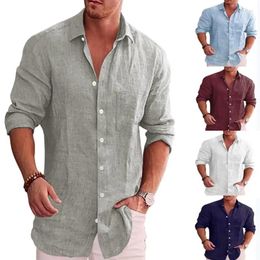 Men's Casual Shirts Mens Loose Solid Colour Shirt Linen Lapels Long Sleeve Men