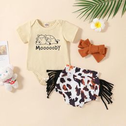 Clothing Sets 0-12M Kids Girls Pants Summer Set Casual Party Black/Khaki Short Sleeve Jumpsuit Top Cow Print Shorts Headband