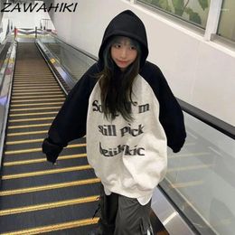 Women's Hoodies ZAWAHIKI Women American Retro Patchwork Contrast Colour Letter Print Spring Fall Chic Designed High Street Sweatshirt