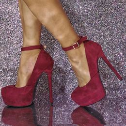 Dress Shoes Modern Sexy Red Colour Ankle Strap Thick Bottom Plus Size Stiletto Bride Sandals High Platform Suede Leather Mujer Pump