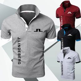 Mens Golf Polo Neck Knit Sports Polos Shirt J Lindeberg Breathable Short Sleeve T-shirt Outdoor Jersey Mens Business Wear 240416