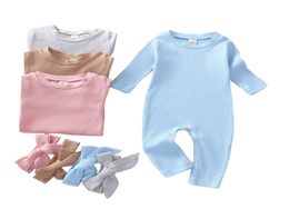 Newborn Baby Jumpsuits Infant Solid Colours Baby Rompers Kids Long Sleeve Onesies Kids Boys Clothes Sets With Headband Vetement Beb8558797