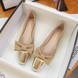 Casual Shoes Luxury Glod Square Toe Single Flats Women Soft Leather Bowtie Ballerina Shallow Mouth Slip On Loafers Espadrilles