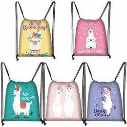 kawaii Carto Animal Llama Alpaca Drawstring Bag Women Storage Bags Daypack Shoulder Bag for Travel Casual Backpacks Gift t0sE#