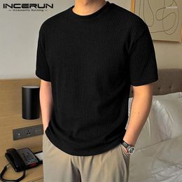 Men's T Shirts INCERUN Shirt Solid Colour Knitted O-neck Short Sleeve Casual Men Clothing Streetwear 2024 Korean Style Summer Tee Tops