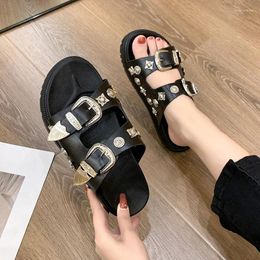 Slippers Comemore 2024 Metal Flat Slipper Female Outside Wear Summer Open Toe Sandals Platform Flip-flop Ladies Gothic