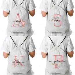 custom Name Drawstring Pocket Shoes Bags Persality Luxury Pink Letters Print Women Backpacks 26 Initials Class Bags for Girls 83OR#