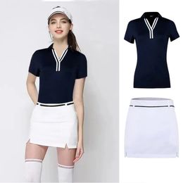 SpringSummer Golf Jersey Womens Vneck Tshirt Striped Casual Wear Resistant Top Elastic Quick Drying Short Sleeved POLO Shirt 240416
