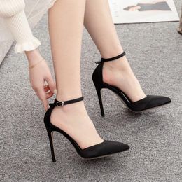 Dress Shoes 11cm Black Satin Silk Surface Hollow Pointed High Heeled Sandals Slim Women's Oversized