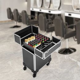 Black Rolling Makeup Case Aluminium Salon Cosmetic Train Trolley Organiser Luggage Storage 240416