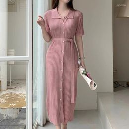 Party Dresses Knitted Dress Women 20243 Summer Lapel Single Button Short Sleeve Elegant One Piece Korean Casual Commuter
