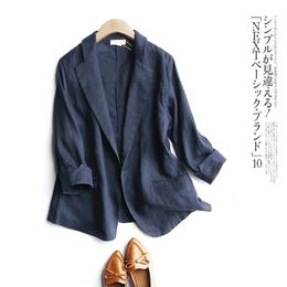 Suit Blazer Basic Cotton Linen Three Quarter Single Button Womens Jacket Spring Korean Fashion Casual Short Jackets Coat 240408