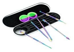 Rainbow silver smoking Dab Tool Kit Set with 5ml silicon container 5pcs long dabber tool metal single package for wax dry herb1721297