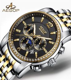 AESOP Luxury Brand Military Watch Men Moon phase Automatic Mechanical Watches Luminous Full Steel Waterproof Clock Men8726459