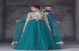 2019 New Arabic Muslim Evening Dresses Sexy V neck Lace Appliques Beaded With Cape Jacket Two Pieces Hunter Tulle Prom Party Gowns8773193