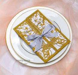 Elegant Glitter Gold Laser Cut Eiffel Tower Wedding Invitation Cards Greeting Card With Ribbon And Envelope5954182