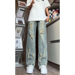 Summer American Style Instagram Trendy New Distressed Jeans Men's High Street Loose Straight Leg Wide Leg Pants DY293-P65