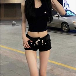 Internet Celebrity Fashion Bloggers Same Spicy Girl Y2k Nightclub Sexy Low Waist Bag Buttocks Rivet Denim Ultra Short Pants Trend