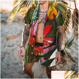 Mens Tracksuits Fashion Hawaii 2Pcs Set Shirt Beach Style Men 3D Print Holiday Trend Suit Collar Short Sleeve Hawaiion Pants Clothes D Dhwlv