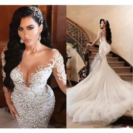 Vestidos de noiva de sereia árabe luxuosos dubai cristais brilhantes mangas compridas vestidos de noiva TRIM