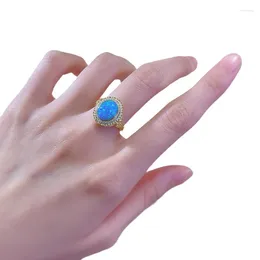 Cluster Rings S925 Silver Ring With Gold Plated 8 10mm Oval Opal Blue