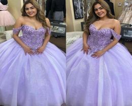 Charming Lavender Plus Size Ball Gown Quinceanera Dresses Applique Beaded Off Shoulder Court Train Sweet 16 Prom Dress Pageant Cel2252335