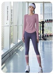 Active Shirts V-neck Long-sleeved Quick-drying Nude Seamless Yoga Clothes Pleated Waist Slimming Tight-fitting Sports Fitness Top