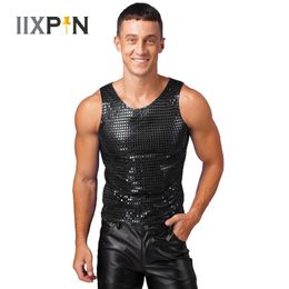 Mens T-shirts Shiny Sequins Sleeveless Loose Tank Tops Fashion Christmas Performance Clothing Nightclub Party Waistcoat 240402