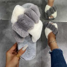Slippers Womens fuzzy slider cross strap with soft plush comfortable home shoes fur open toe indoor and outdoor warmth anti slip casual womens H240416 5CFS