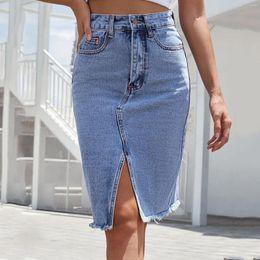 Skirts Jean Women's Summer Autumn High Waist Mid Length Wrap Hip Split Denim Skirt Casual Temperament Pencil