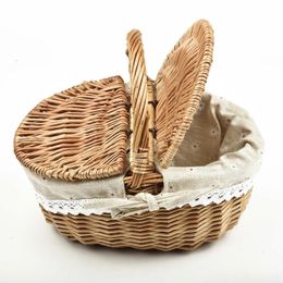 Fashion Style Wicker Basket With Handle Wicker Camping Picnic Basket With Double Lid Shopping Storage Hamper Baskets 240416