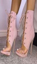 2018 Woman Pink Suede Lace-up Sandals Peep Toe PVC Straps High Heel Ankle Boots Side Zipper Sandals Boots1548049