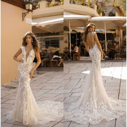 Berta mermaid sexy Kleider Rückenless V Neck Brautkleider Sweep Zug Beach Hochzeitskleid Plus Größe Vestidos de noiva estidos