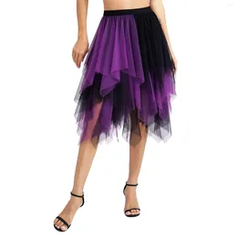 Skirts Womens Contrast Colour Tiered Ruffled Tulle Skirt Dance Performance Costumes High Waist Wide Elastic Waistband Irregular