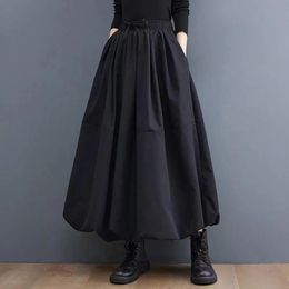 Japanese Style Women Maxi Skirt High Waist ALine Long Solid Colour Pockets Puff Loose Fit Skirts 240411