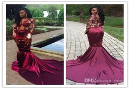 2016 New Sexy Burgundy Long Sleeves Muslim Evening Dresses Mermaid V Neck Lace Sheer Arabic Dubai African Formal Prom Dress Evenin5038635