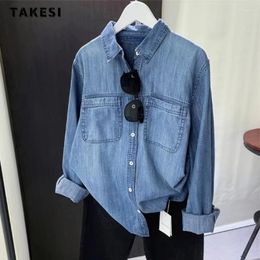 Women's Blouses 2024 Winter Korean Vintage Style Casual Turn-down Collar Solid Denim Shirt Women Fashion Street Blue Y2K Loose Jean Blouse