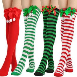 Sexy Socks Womens Knee High Red Green Cute Bow Stripe Christmas Stockings Winter Warm Sexy Solid Colour Stockings 240416
