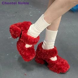 Casual Shoes Fur Straps Pumps Chunky Sweet Square Toe Novelty Autumn Women Cute Runway Shallow Design Red White Black Party