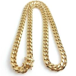 Stainless Steel Jewelry 18K Gold Plated High Polished Cuban Link Necklace Men 14mm Chain Dragon-Beard Clasp 24 26 28 30281h
