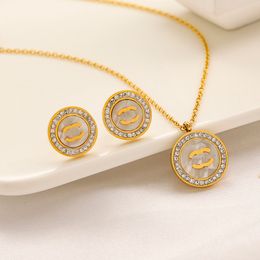 High Quality Classic Brand Designers Double Letters Stud Geometric Famous Women Gold Plated Sier Rhinestone Earring & Necklace Wedding Party Jewerlry