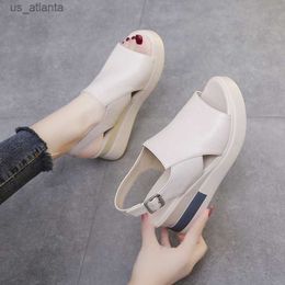 Sandals Summer Women Wedge Shoes Leather Comfort Solid Color Soft Ladies Platform for 2022 Sandalias Chaussure Femme H240416 955G